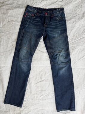 True Religion Geno Slim Moto Jeans Red Stitching Section Moto Seat men’s size 34